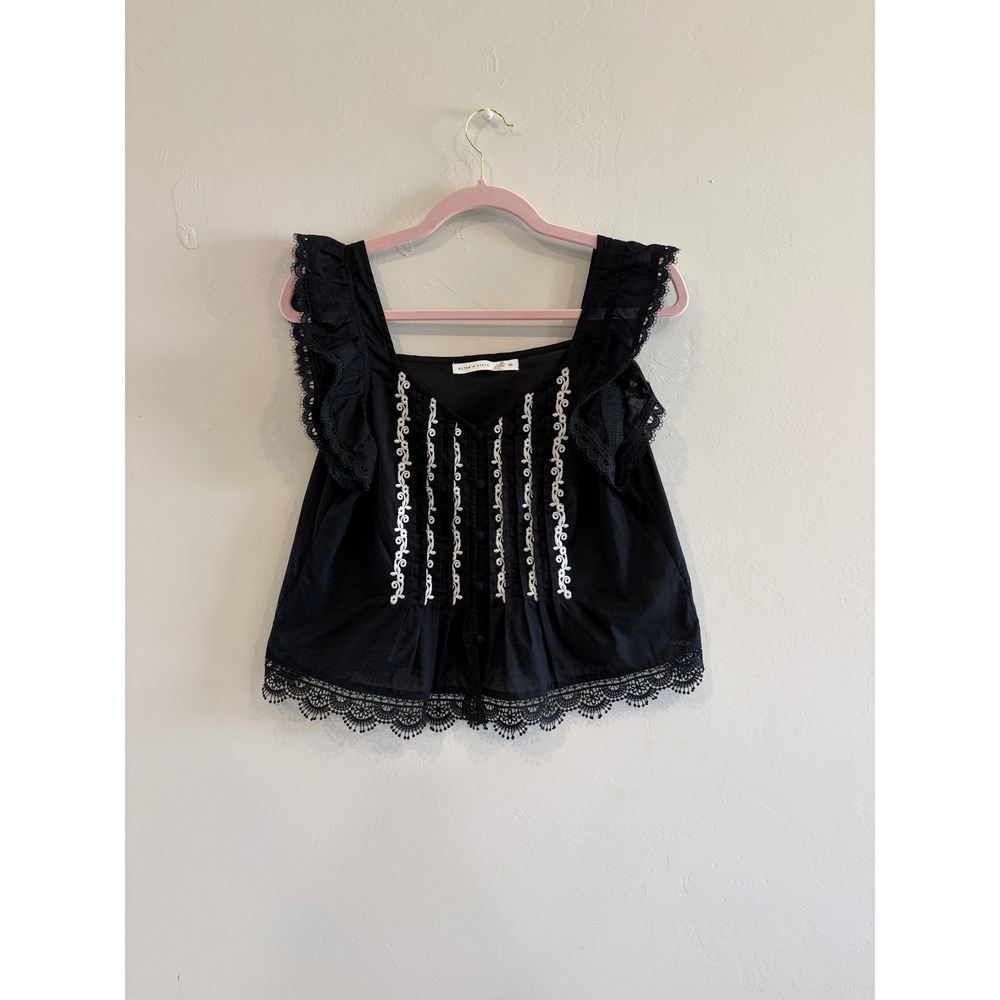 Altar'd State Black Embroidered Lace Trim Ruffle Tank Top TYDW6373IMK Medium